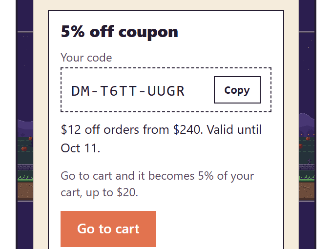 Le portefeuille du jeu : le bon de réduction à -5% échangé avec son code, le bouton Copy et le bouton Go to cart