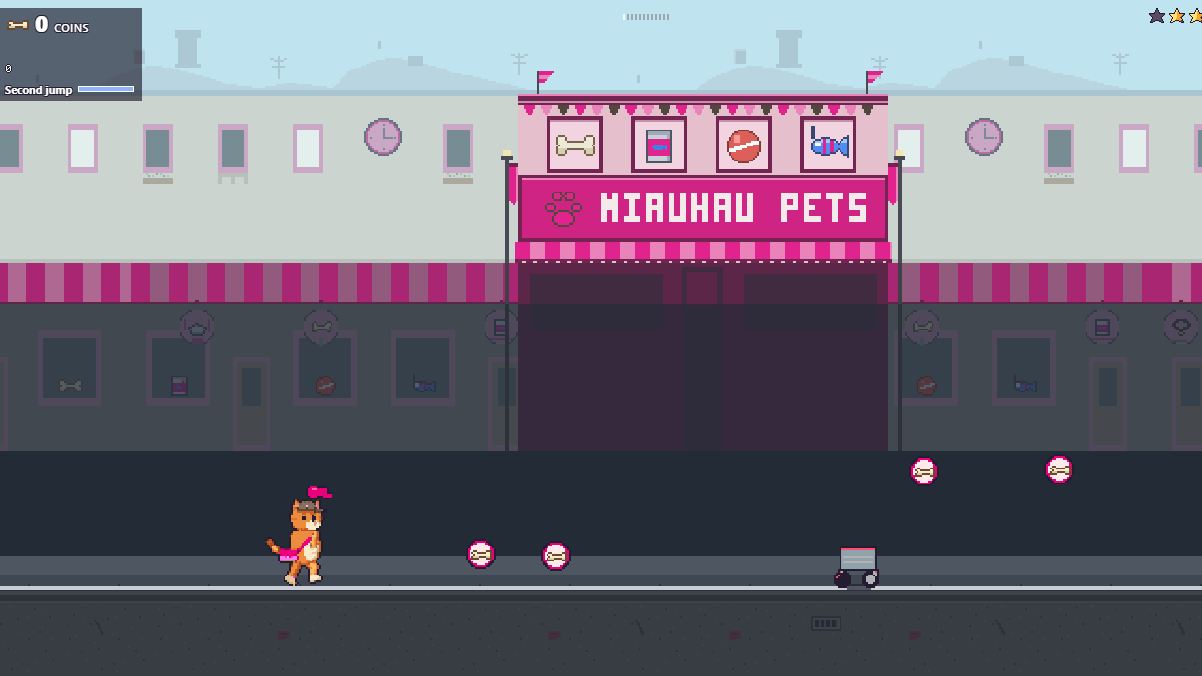 La même rue dans l’animalerie d’exemple Miauhau : une devanture avec l’enseigne MIAUHAU PETS et un logo de patte, un os à mâcher, une boîte de pâtée, une balle et un poisson-jouet en vitrine, des stores et des fenêtres roses, des os sur le parcours à la place des pièces, le chat en casquette aux couleurs de la marque