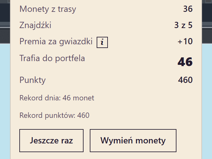 Panel mety po biegu: coiny z trasy, premia za gwiazdki, coiny dodane do portfela, punkty i rekord dnia