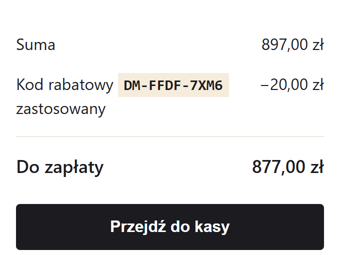 Koszyk sklepu z zastosowanym kodem Dashmint i rabatem odjętym od sumy